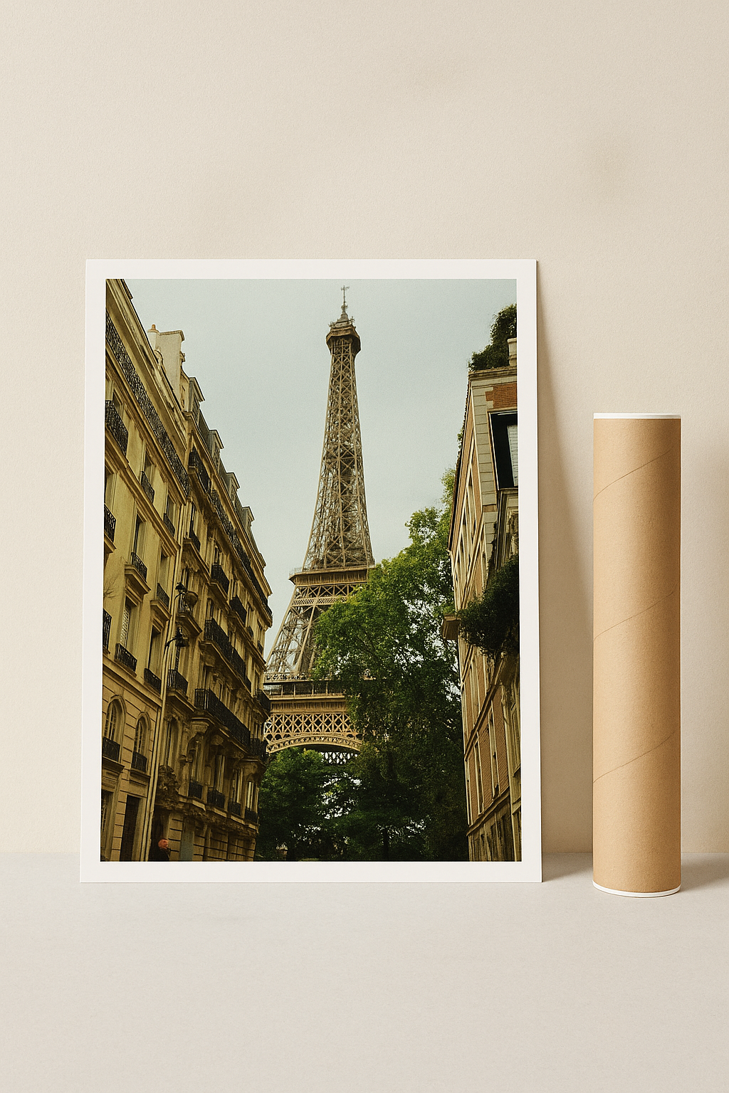Framed print of the Eiffel Tower with a cylindrical object next to it on a beige wall.