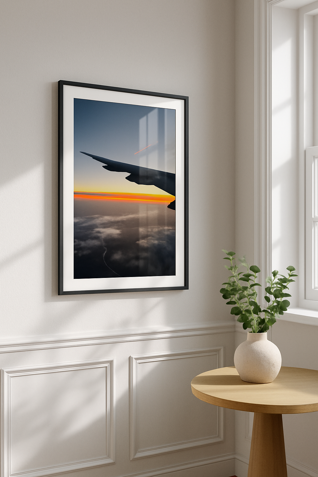 Framed artwork on a wall with a vase and plant on a table below.